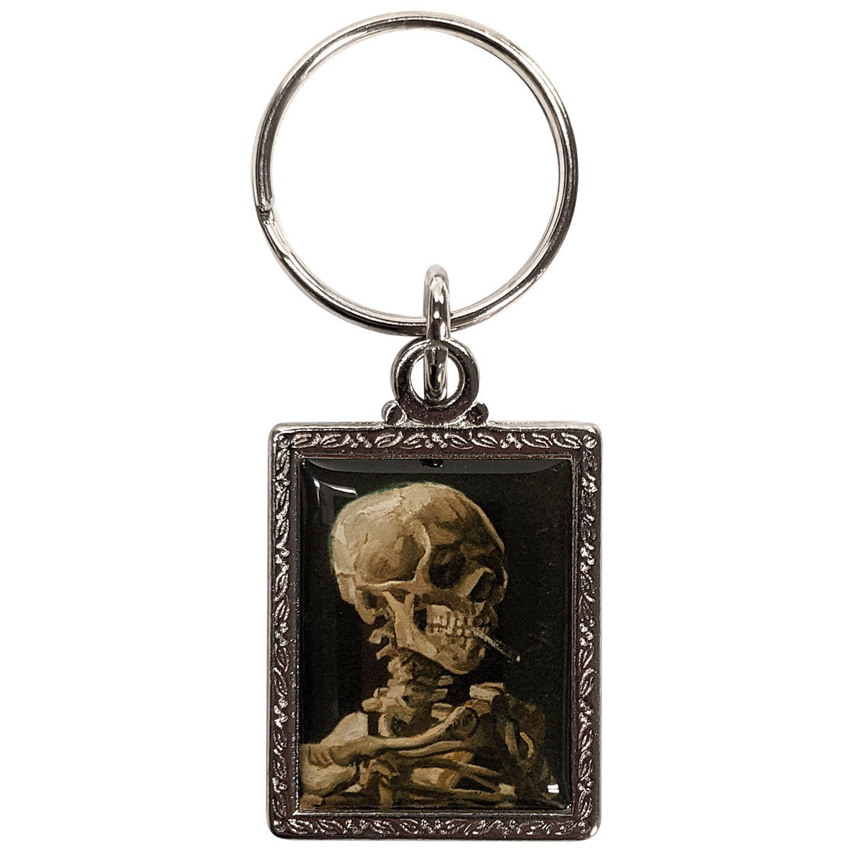 Skull of a Skeleton with Burning Cigarette Metal Keychain